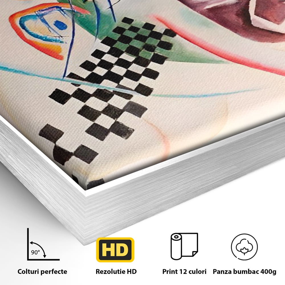 Detaliu al suprafetei: pictura abstracta cu forme geometrice, in rama de aluminiu argintiu